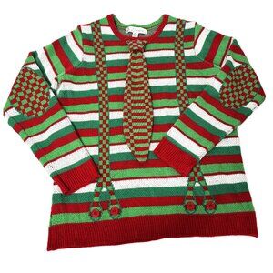 Jolly Ugly Christmas Sweater grn red white stripe faux suspenders EUC Size L